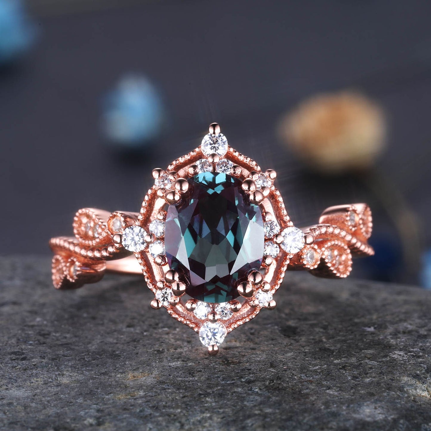 Vintage Alexandrite Engagement Ring Oval Shaped Rose Gold Ring Milgrain Art Deco Halo Diamond Ring Unique Promise Jewelry Gift For Her