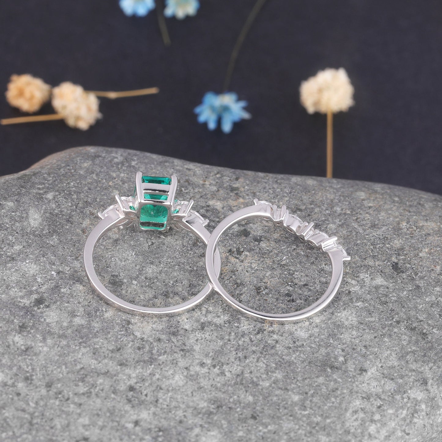 Emerald Engagement Ring Set Moissanite Wedding Band Women White gold Emerald Cut Gemstone Anniversary Promise Gift For Her
