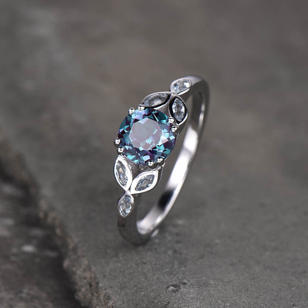 Alexandrite Ring, Sterling Silver Ring, Round Alexandrite Engagement Ring, Marquise Aquamarine Cluster Ring, Promise Ring, June Birthstone