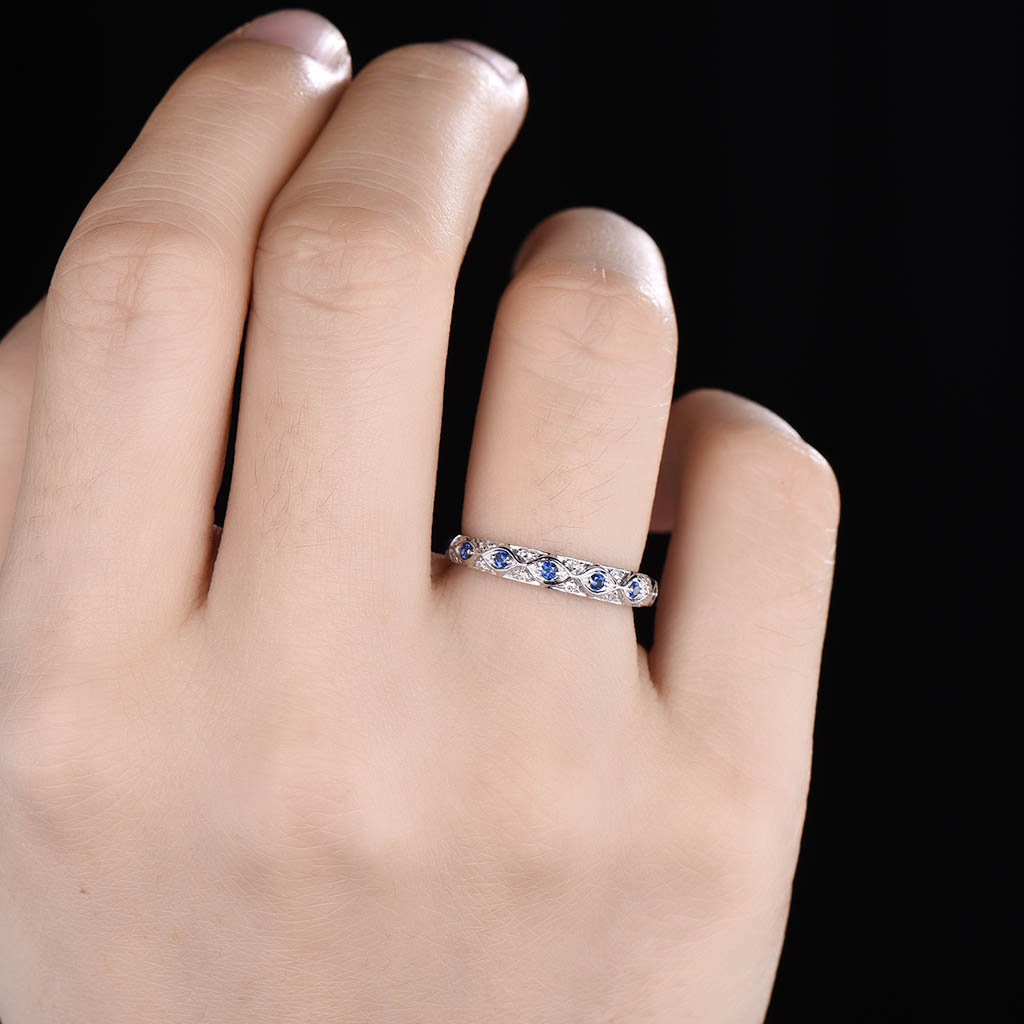 Antique Sapphire Wedding Band 925 Sterling Silver Vintage Wedding Ring September Birthstone Stacking Ring Anniversary Gift for Her Handmade