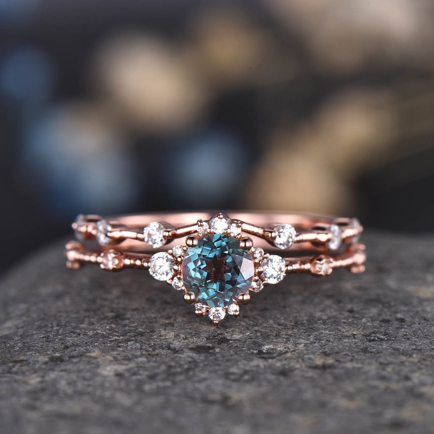 Black Rutilated Quartz Engagement Ring 14k Rose Gold Diamond/Moissanite Stacking Wedding Band Minimalist Floral Bridal Ring Set