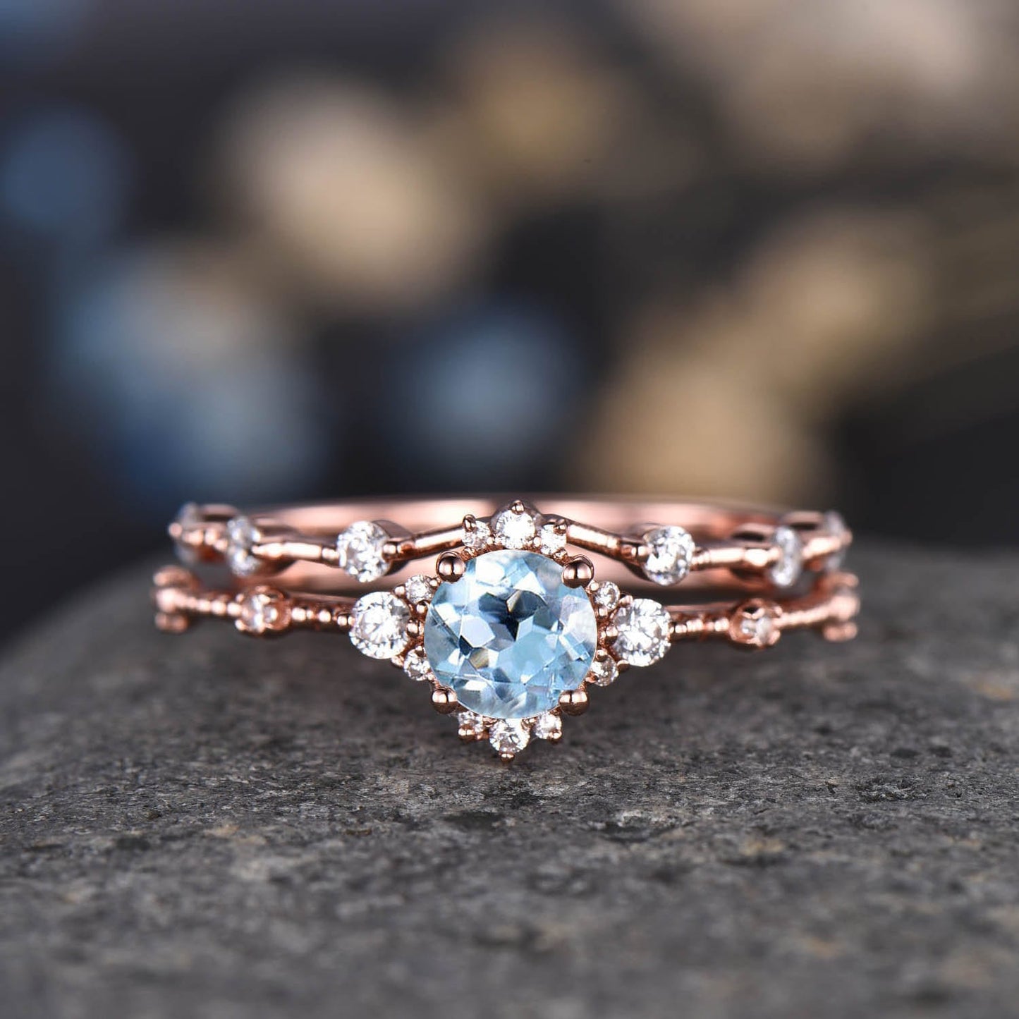 Black Rutilated Quartz Engagement Ring 14k Rose Gold Diamond/Moissanite Stacking Wedding Band Minimalist Floral Bridal Ring Set