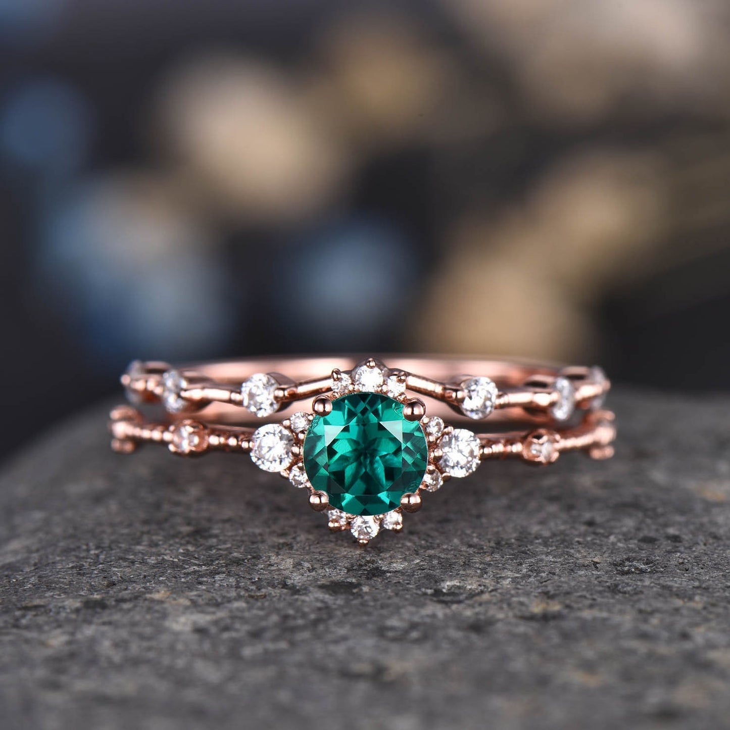 Black Opal Engagement Ring Set Rose Gold Diamond Wedding Ring Stacking Eternity Band Vintage Floral Jewelry Anniversary Gift For Her