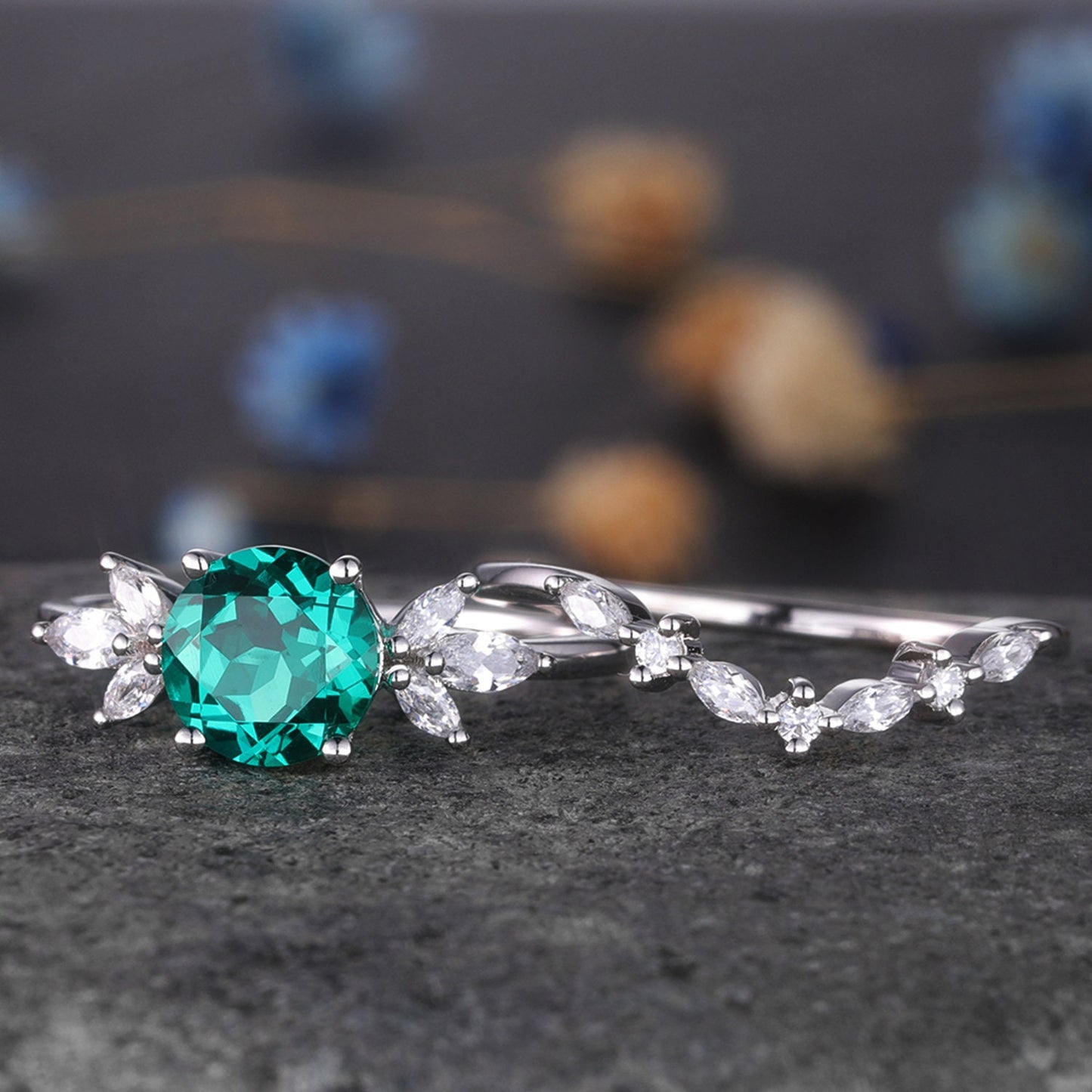 Emerald Engagement Ring White Gold Art Deco Stacking Matching Band Vintage Round Shaped Emerald Wedding Bridal Set Gift For Women