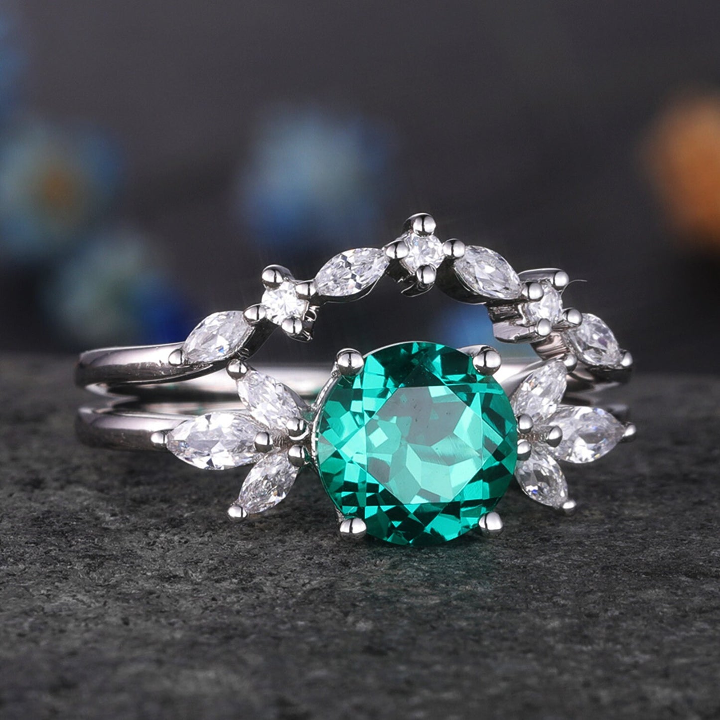Emerald Engagement Ring White Gold Art Deco Stacking Matching Band Vintage Round Shaped Emerald Wedding Bridal Set Gift For Women