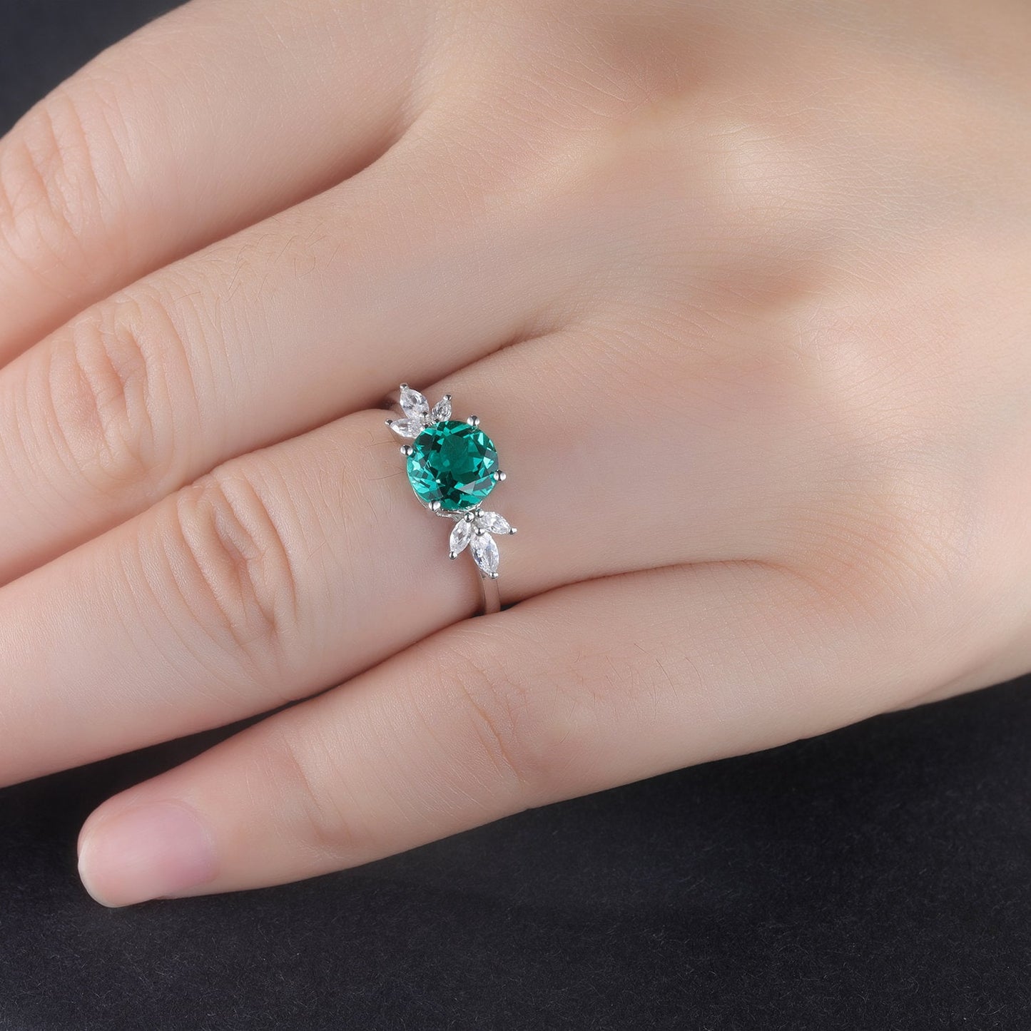Emerald Engagement Ring White Gold Art Deco Stacking Matching Band Vintage Round Shaped Emerald Wedding Bridal Set Gift For Women