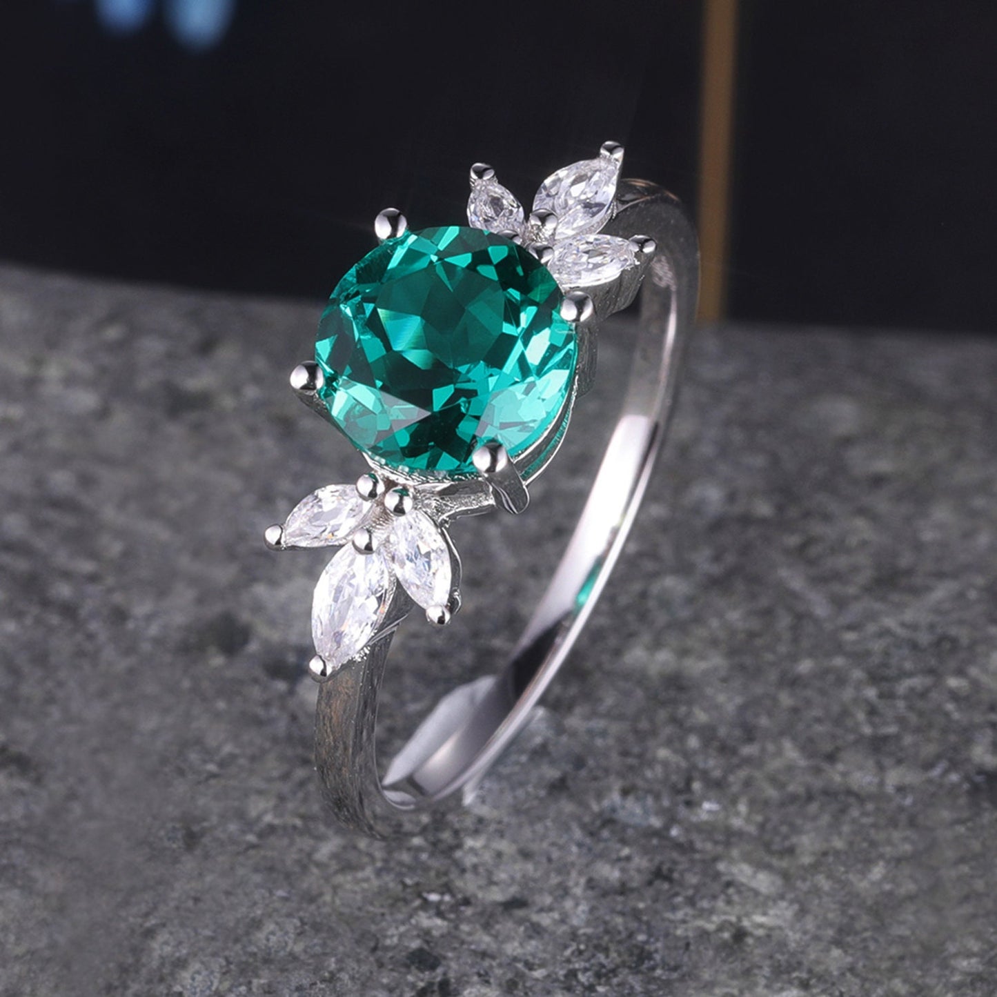 Emerald Engagement Ring White Gold Art Deco Stacking Matching Band Vintage Round Shaped Emerald Wedding Bridal Set Gift For Women