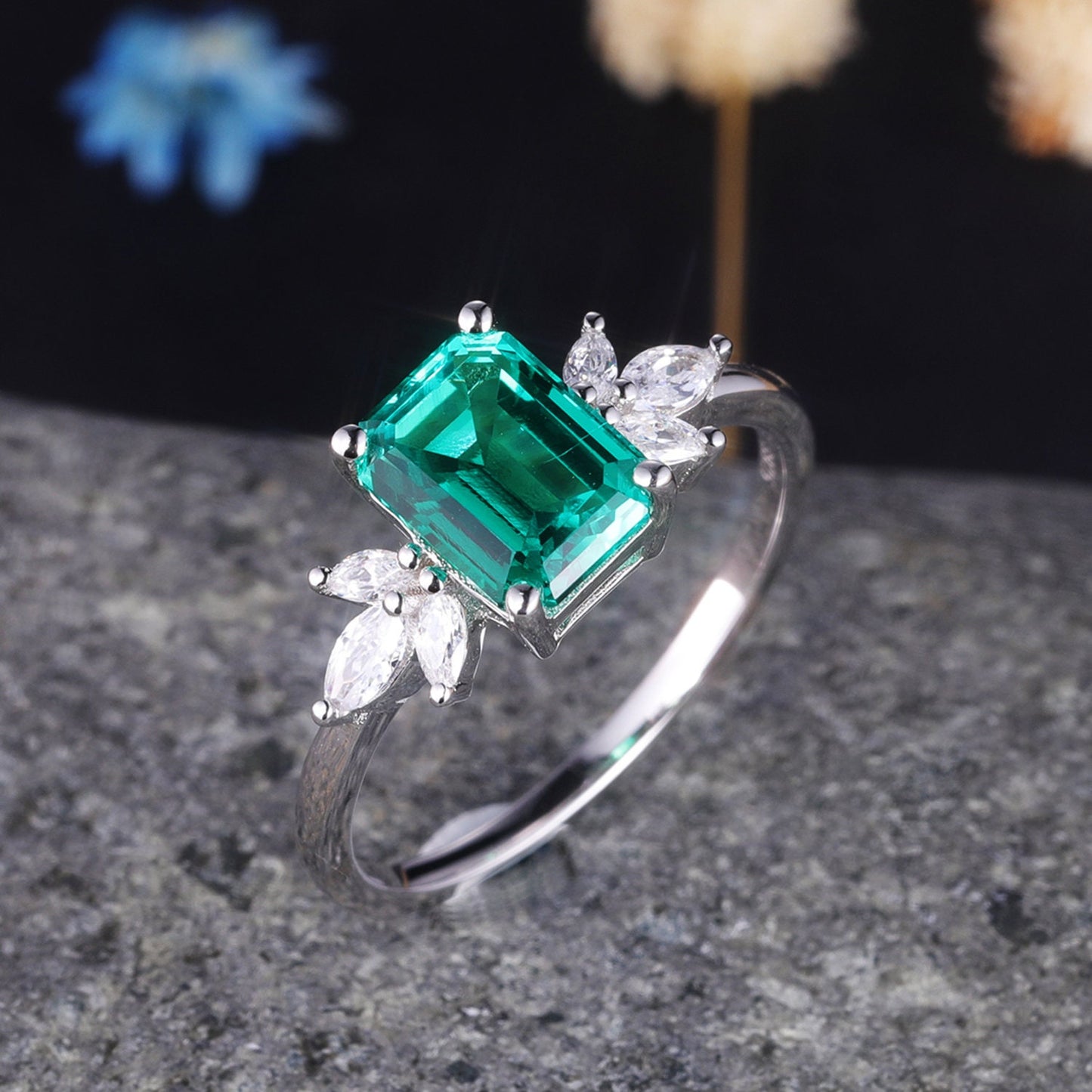 Emerald Engagement Ring Set Moissanite Wedding Band Women White gold Emerald Cut Gemstone Anniversary Promise Gift For Her