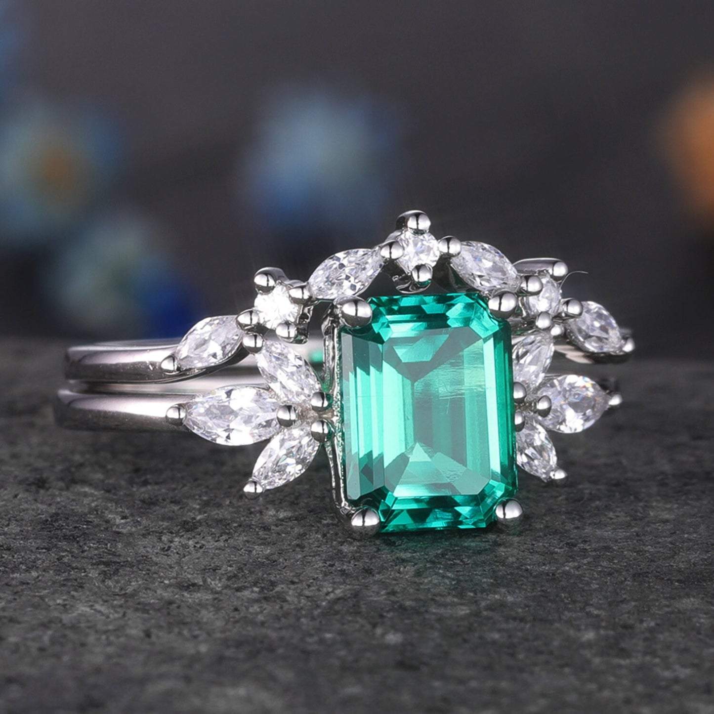 Emerald Engagement Ring Set Moissanite Wedding Band Women White gold Emerald Cut Gemstone Anniversary Promise Gift For Her