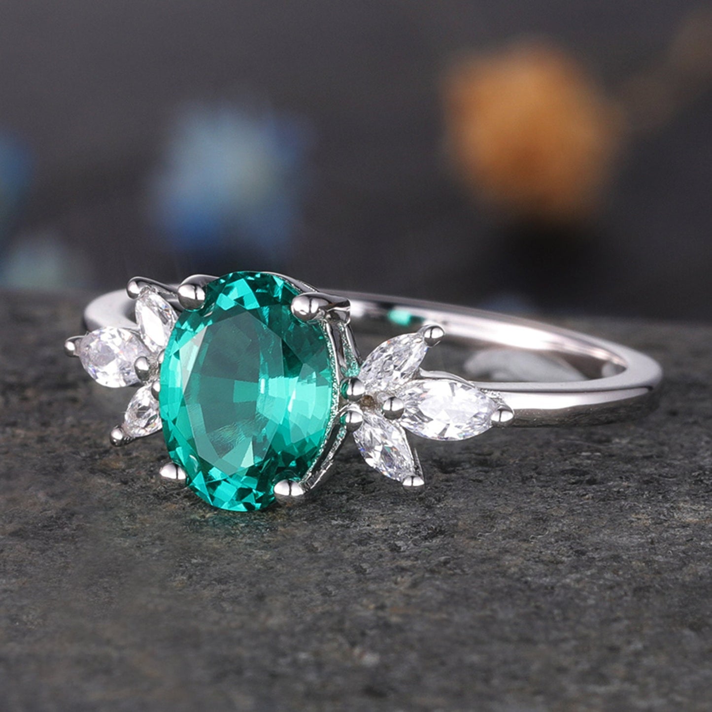 Oval Shaped emerald engagement ring women white gold moissanite wedding ring vintage floral jewelry 6x8mm May birthstone gift for her