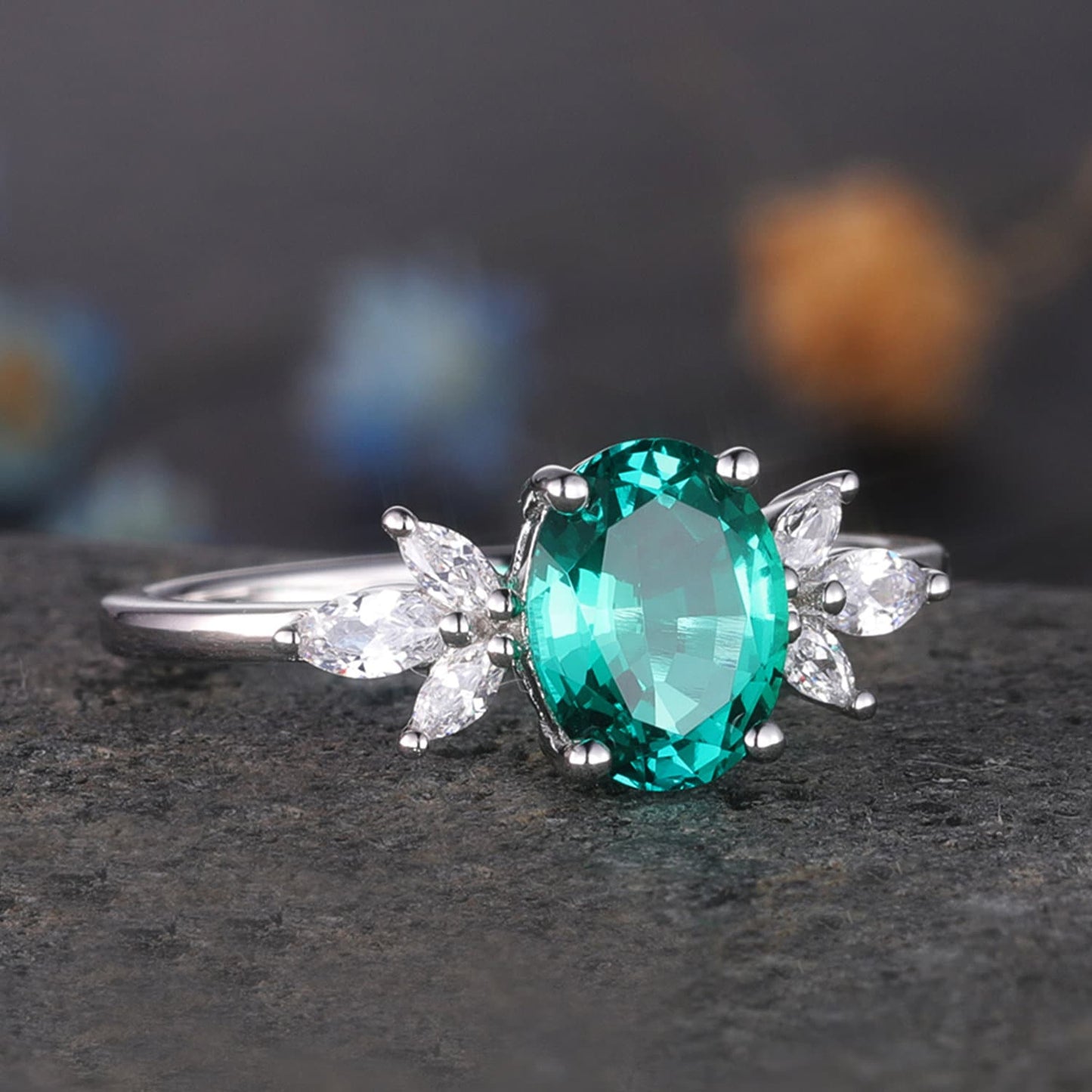 Oval Shaped emerald engagement ring women white gold moissanite wedding ring vintage floral jewelry 6x8mm May birthstone gift for her