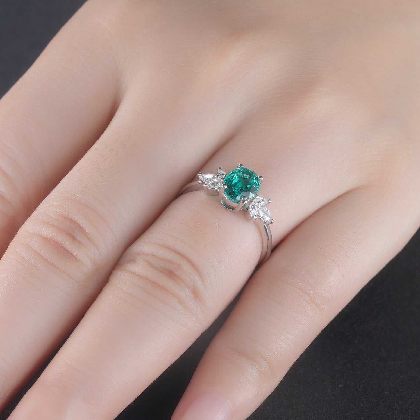 Oval Shaped emerald engagement ring women white gold moissanite wedding ring vintage floral jewelry 6x8mm May birthstone gift for her