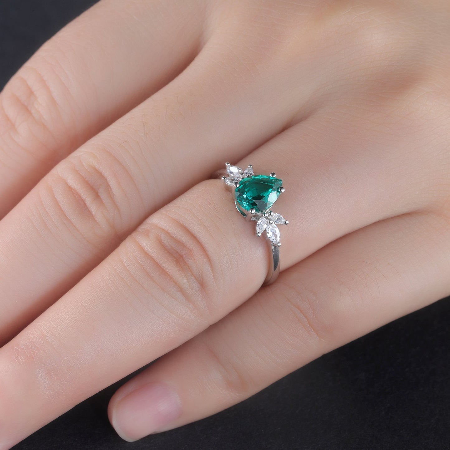 White gold emerald engagement ring women art deco ring moissanite wedding band vintage bridal jewelry May birthstone anniversary gift