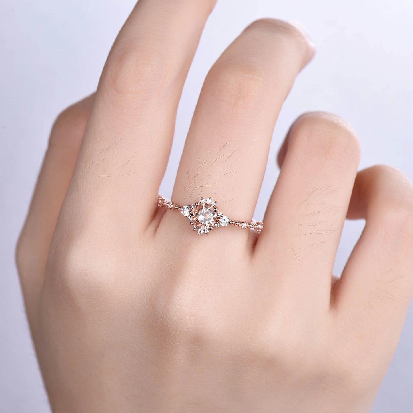Morganite Engagement Ring Set Vintage Wedding Rings Women 14K Rose Gold Diamond Moissanite Stacking Matching Band Anniversary Gift