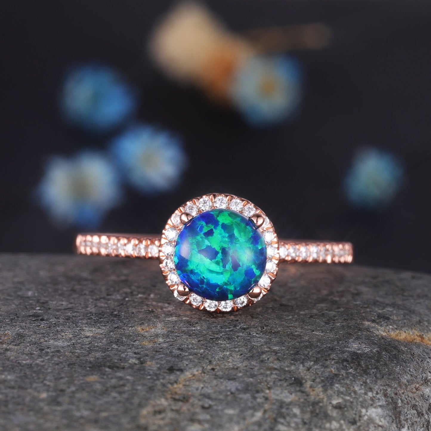 Black Fire Opal Ring White Gold Diamond Engagement Ring For Women Diamond Delicate Eternity Band Halo Promise Wedding Ring Christmas Gift