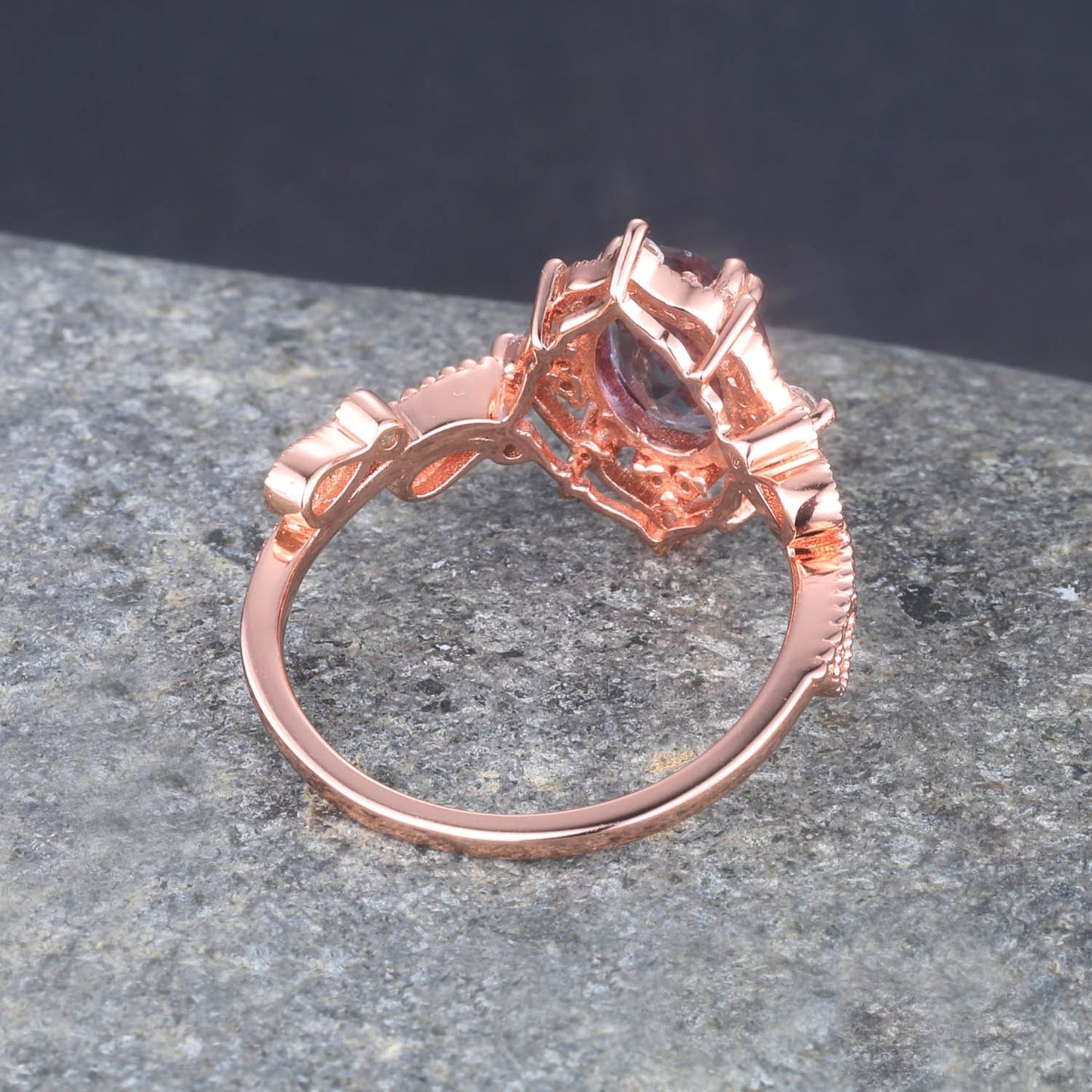 Vintage Alexandrite Engagement Ring Oval Shaped Rose Gold Ring Milgrain Art Deco Halo Diamond Ring Unique Promise Jewelry Gift For Her