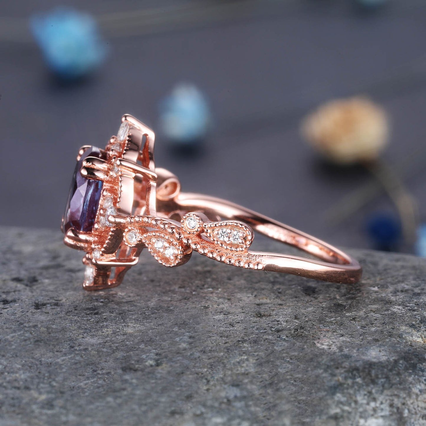 Vintage Alexandrite Engagement Ring Oval Shaped Rose Gold Ring Milgrain Art Deco Halo Diamond Ring Unique Promise Jewelry Gift For Her