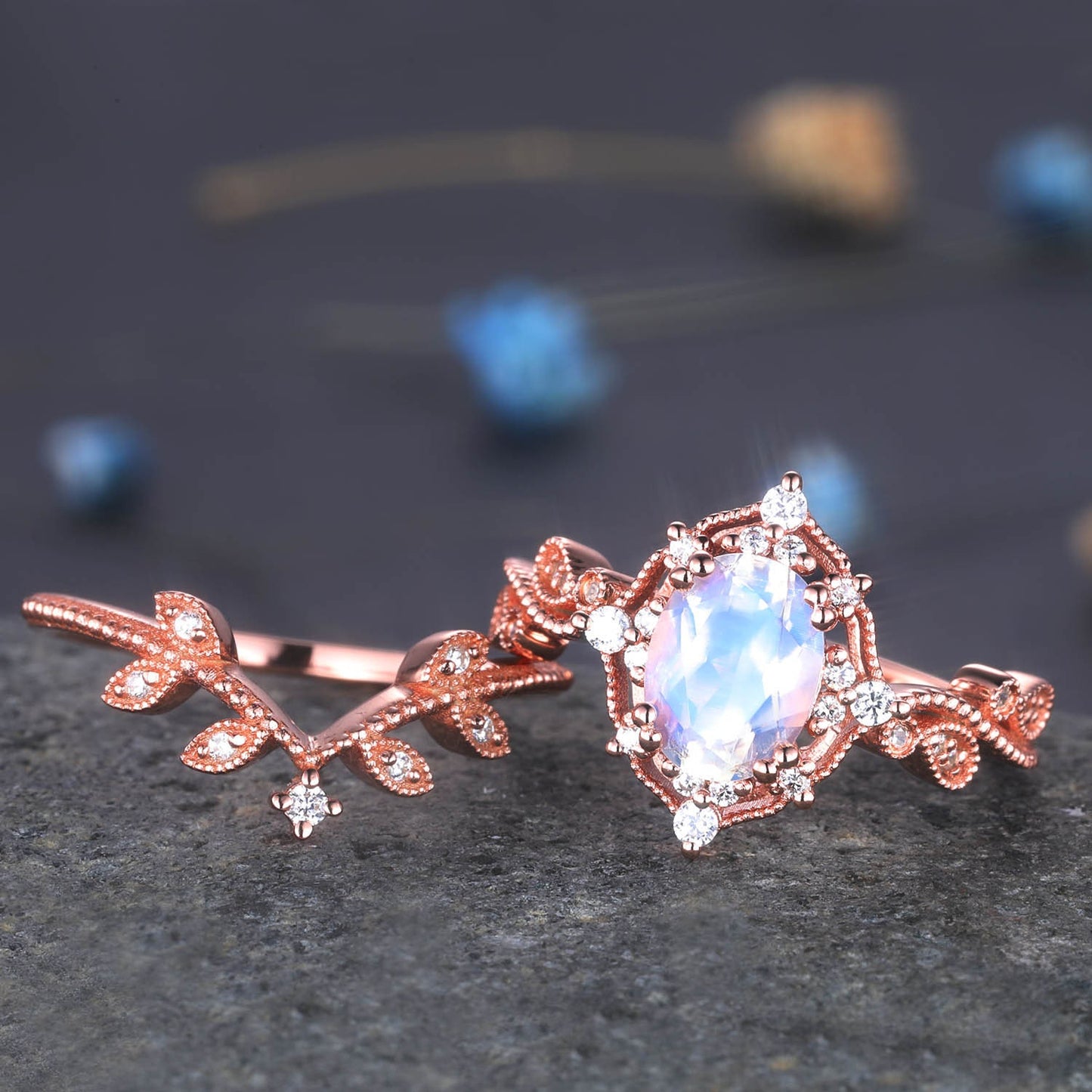 Rose Gold Moonstone Ring Oval Moonstone Engagement Ring Set Diamond Eternity Band Stacking Crown Ring June Birthstone Gift For Her