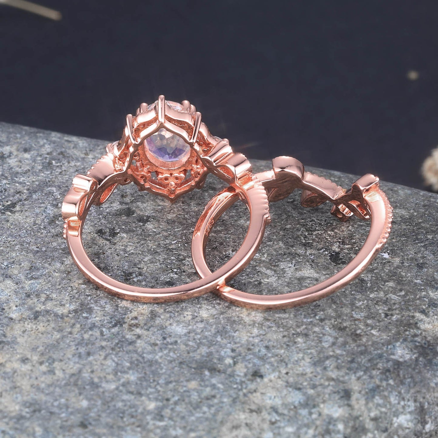 Rose Gold Moonstone Ring Oval Moonstone Engagement Ring Set Diamond Eternity Band Stacking Crown Ring June Birthstone Gift For Her