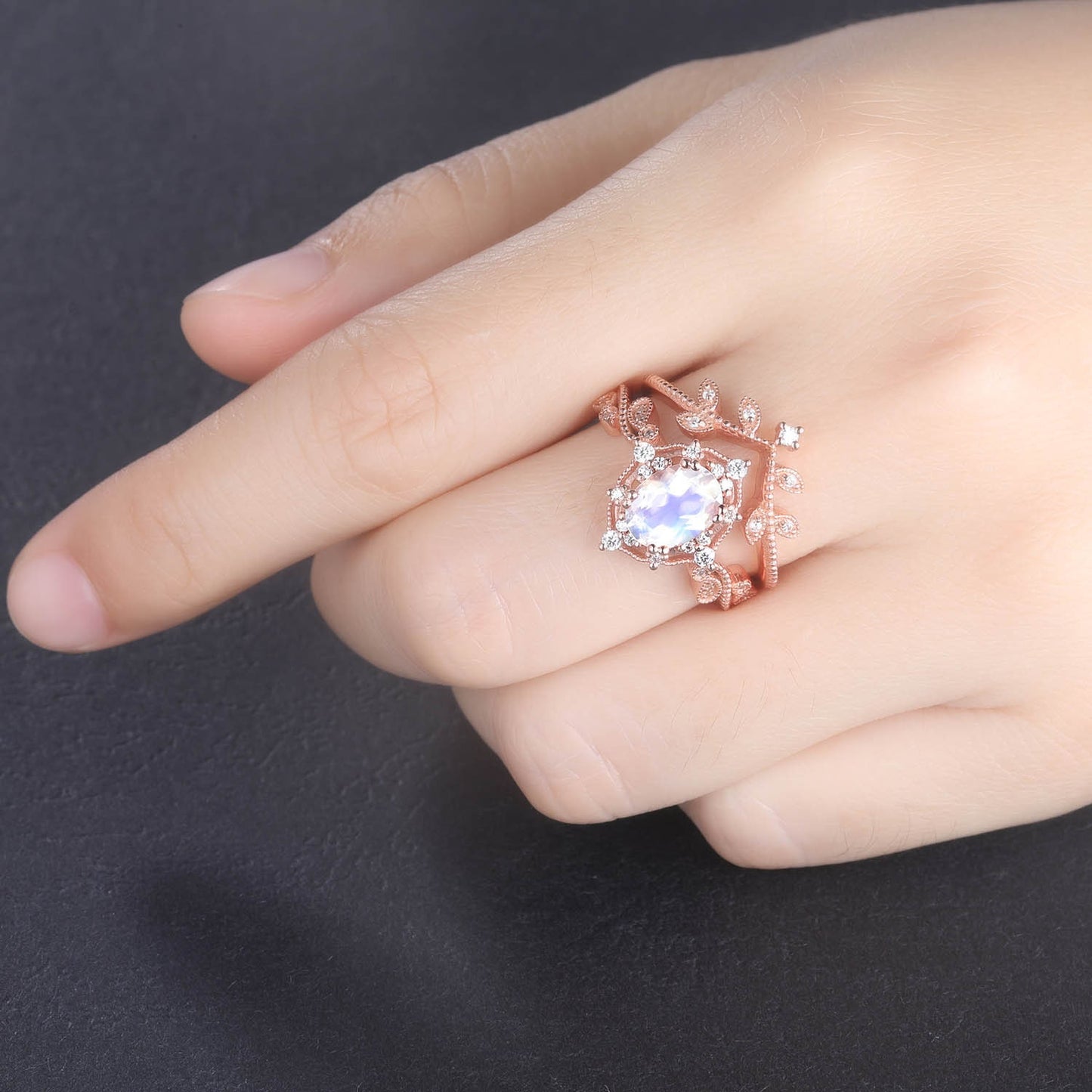 Rose Gold Moonstone Ring Oval Moonstone Engagement Ring Set Diamond Eternity Band Stacking Crown Ring June Birthstone Gift For Her
