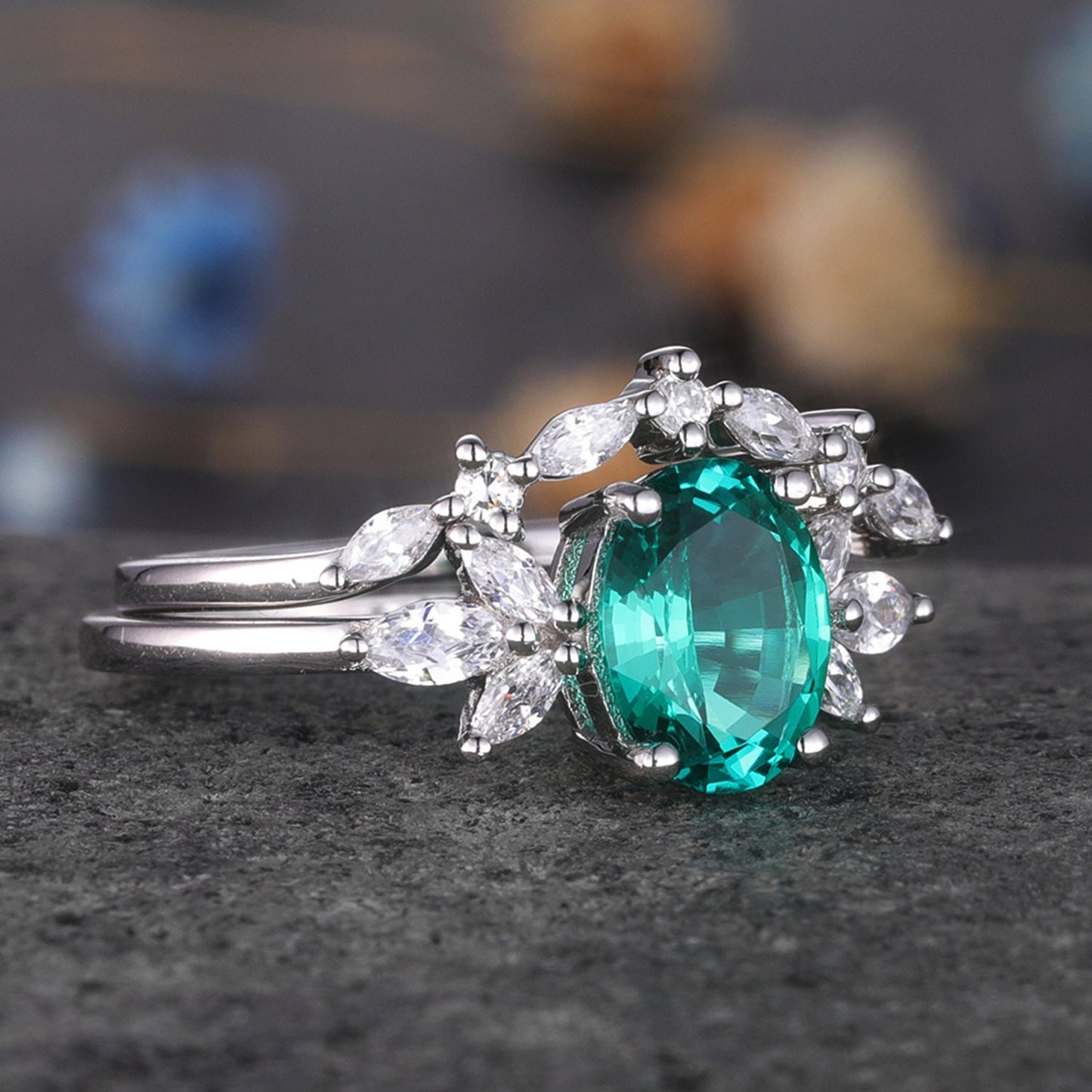 Emerald Wedding Ring Set Emerald Engagement Ring Moissanite Matching Band 6x8mm Oval Cut Emerald Stacking Bridal Set Art Deco Eternity Ring