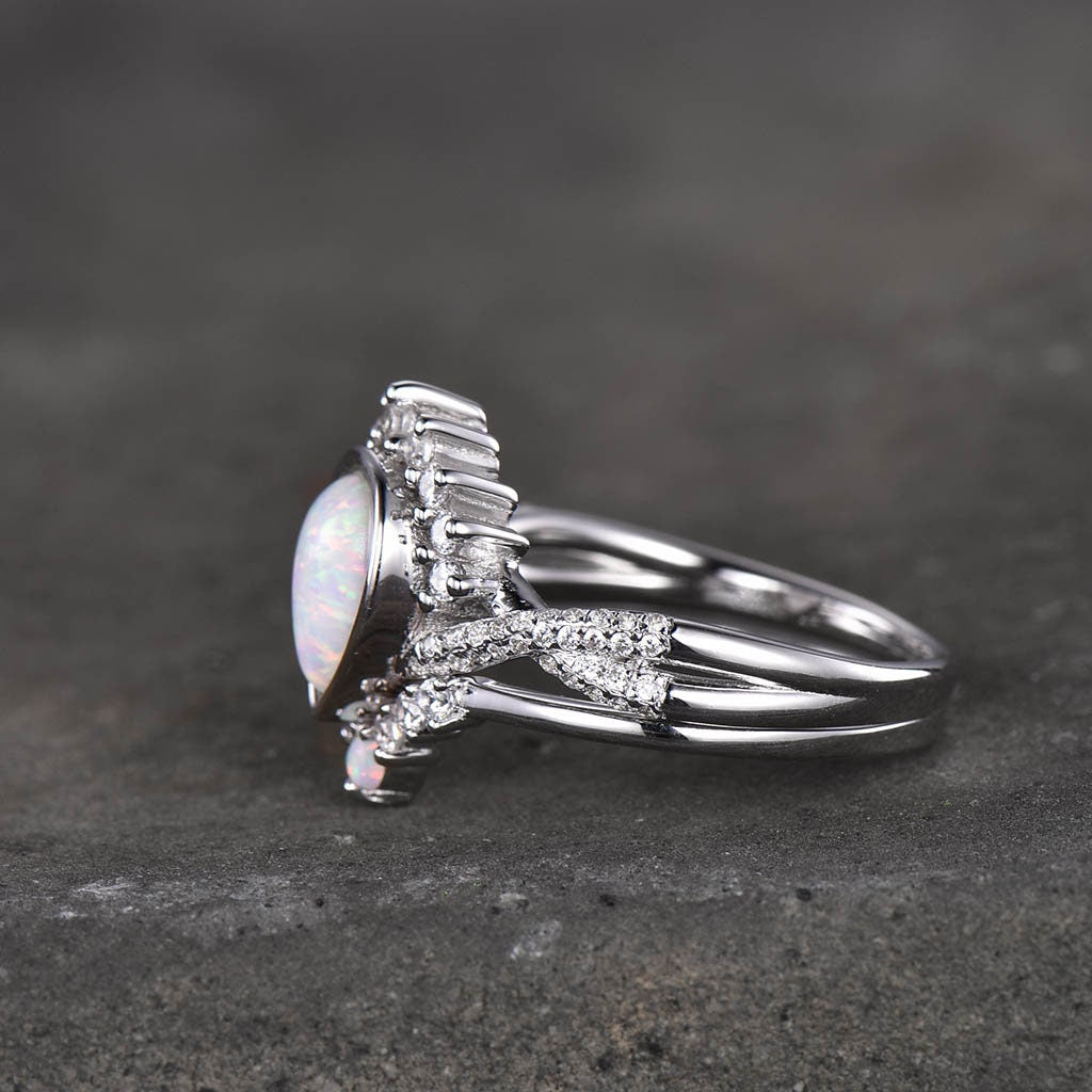 Opal Engagement Ring Set, Pear Shaped White Fire Opal Ring, Opal Wedding Ring Set, Statement Ring, Stacking Ring, Bridal Set, White Gold