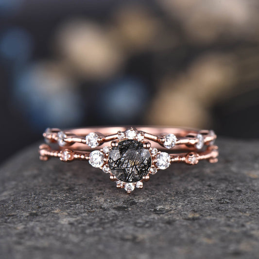 Black Rutilated Quartz Engagement Ring 14k Rose Gold Diamond/Moissanite Stacking Wedding Band Minimalist Floral Bridal Ring Set