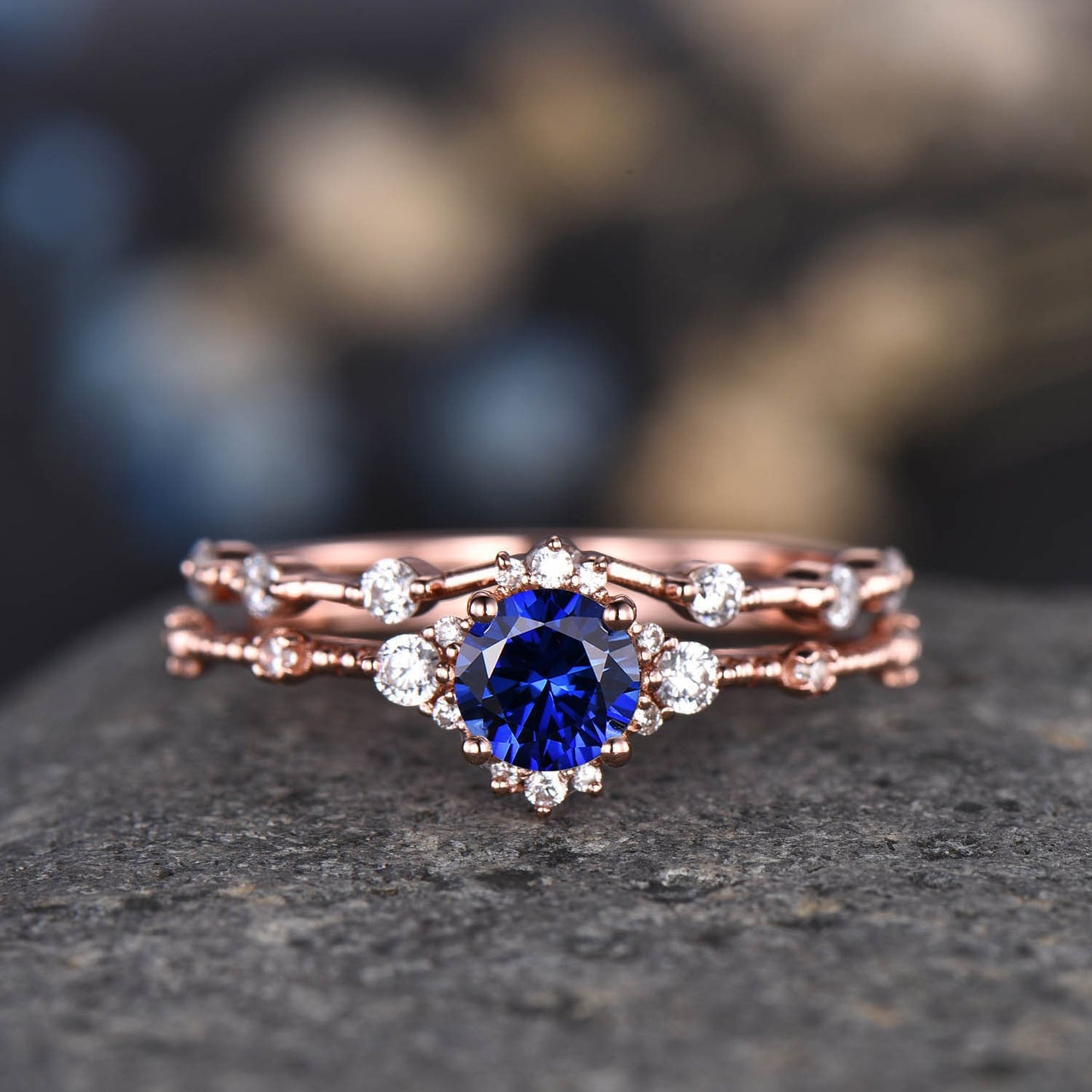 Vintage Aquamarine Engagement Ring Set Aquamarine Ring 14K Rose Gold Diamond Moissanite Wedding Band Anniversary Gift Promise Bridal Ring
