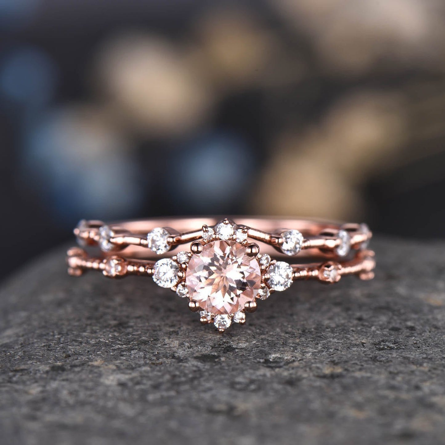 Vintage Aquamarine Engagement Ring Set Aquamarine Ring 14K Rose Gold Diamond Moissanite Wedding Band Anniversary Gift Promise Bridal Ring