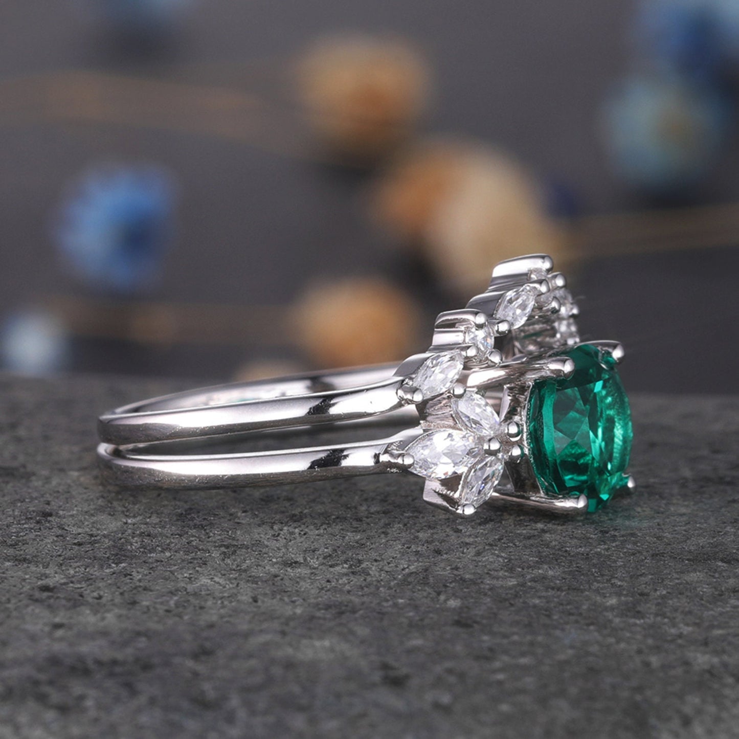 Emerald Engagement Ring White Gold Art Deco Stacking Matching Band Vintage Round Shaped Emerald Wedding Bridal Set Gift For Women