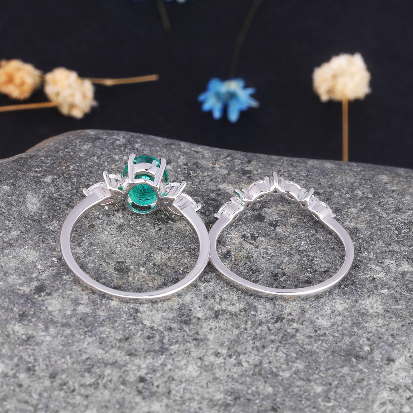 Emerald Engagement Ring White Gold Art Deco Stacking Matching Band Vintage Round Shaped Emerald Wedding Bridal Set Gift For Women