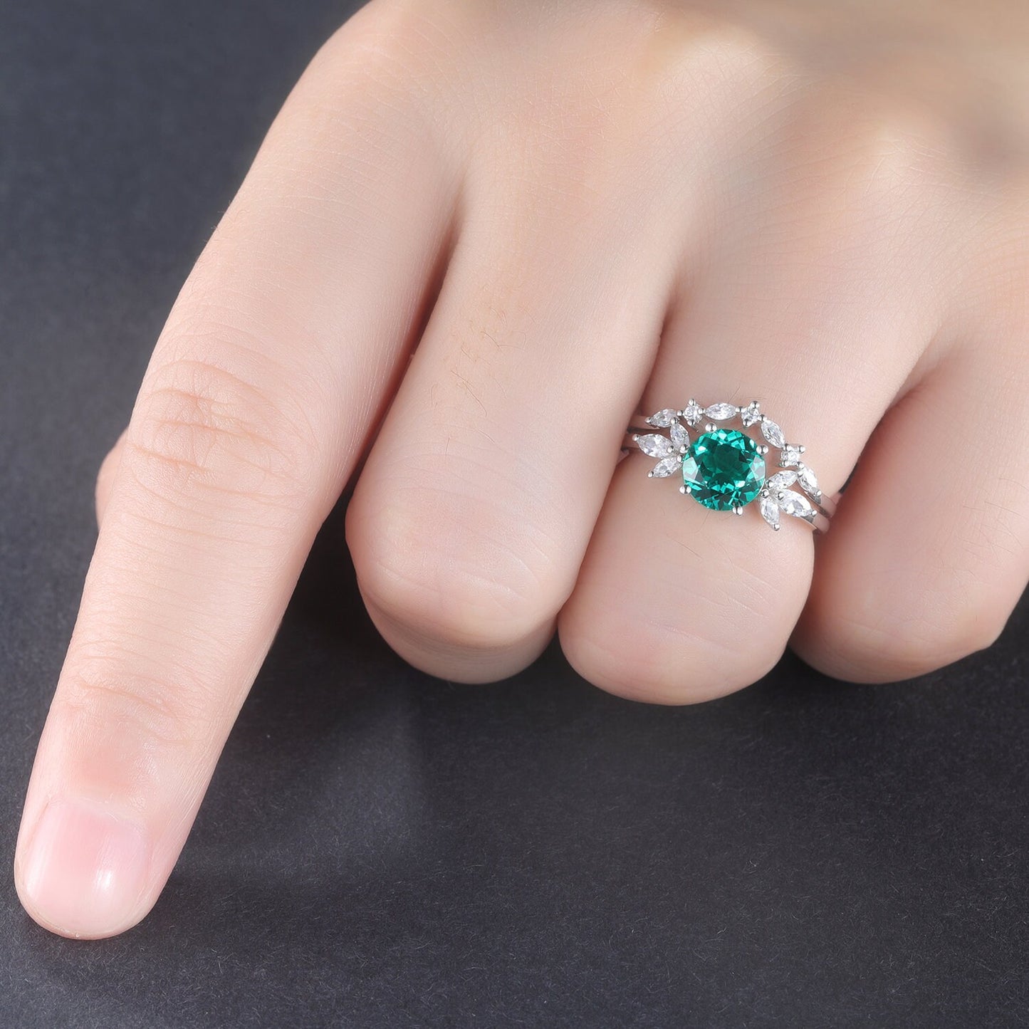 Emerald Engagement Ring White Gold Art Deco Stacking Matching Band Vintage Round Shaped Emerald Wedding Bridal Set Gift For Women