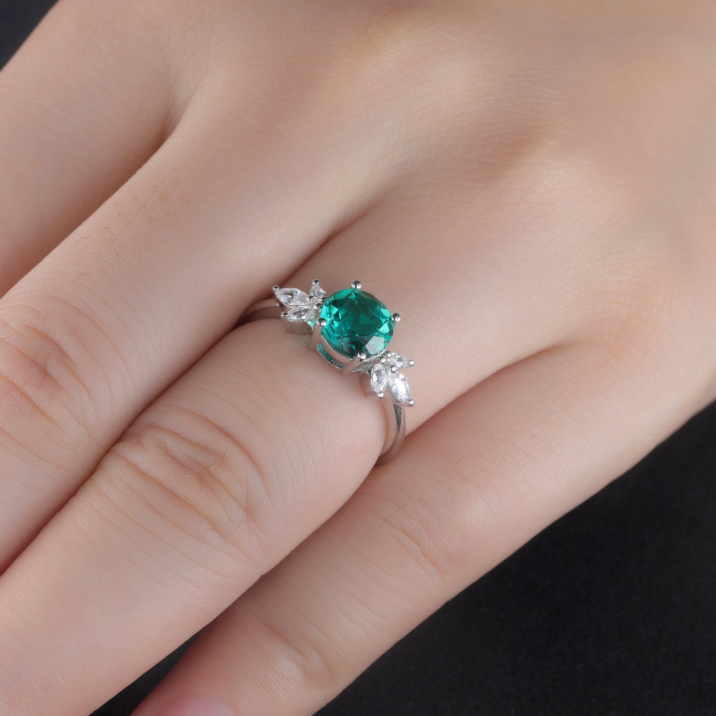 Emerald Engagement Ring White Gold Art Deco Stacking Matching Band Vintage Round Shaped Emerald Wedding Bridal Set Gift For Women
