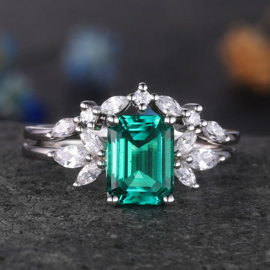 Emerald Engagement Ring Set Moissanite Wedding Band Women White gold Emerald Cut Gemstone Anniversary Promise Gift For Her