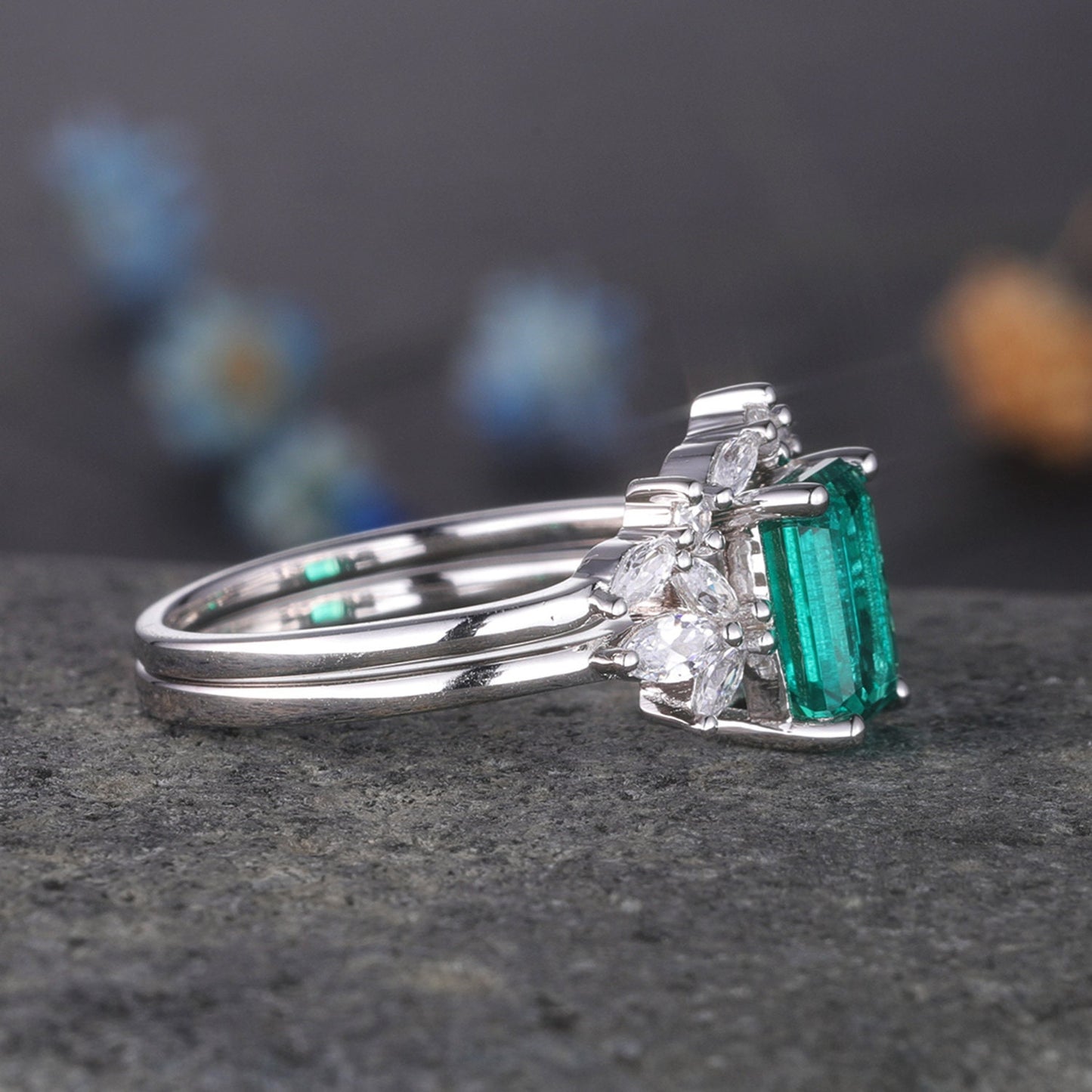 Emerald Engagement Ring Set Moissanite Wedding Band Women White gold Emerald Cut Gemstone Anniversary Promise Gift For Her