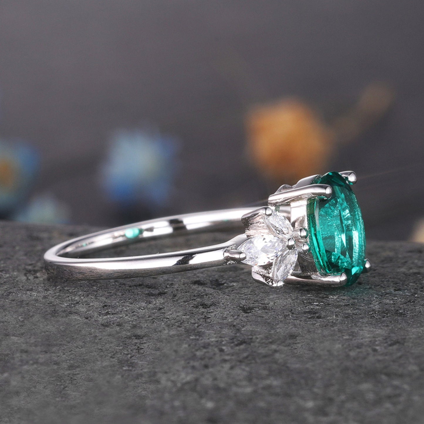 Oval Shaped emerald engagement ring women white gold moissanite wedding ring vintage floral jewelry 6x8mm May birthstone gift for her