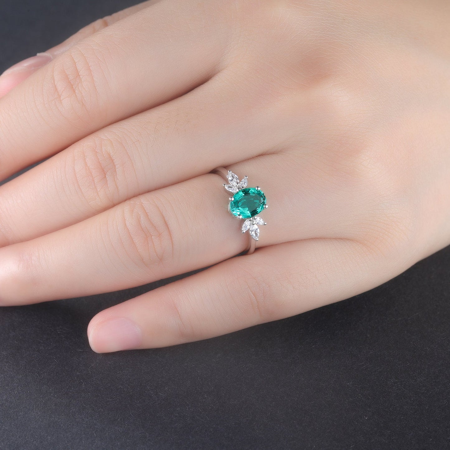 Oval Shaped emerald engagement ring women white gold moissanite wedding ring vintage floral jewelry 6x8mm May birthstone gift for her