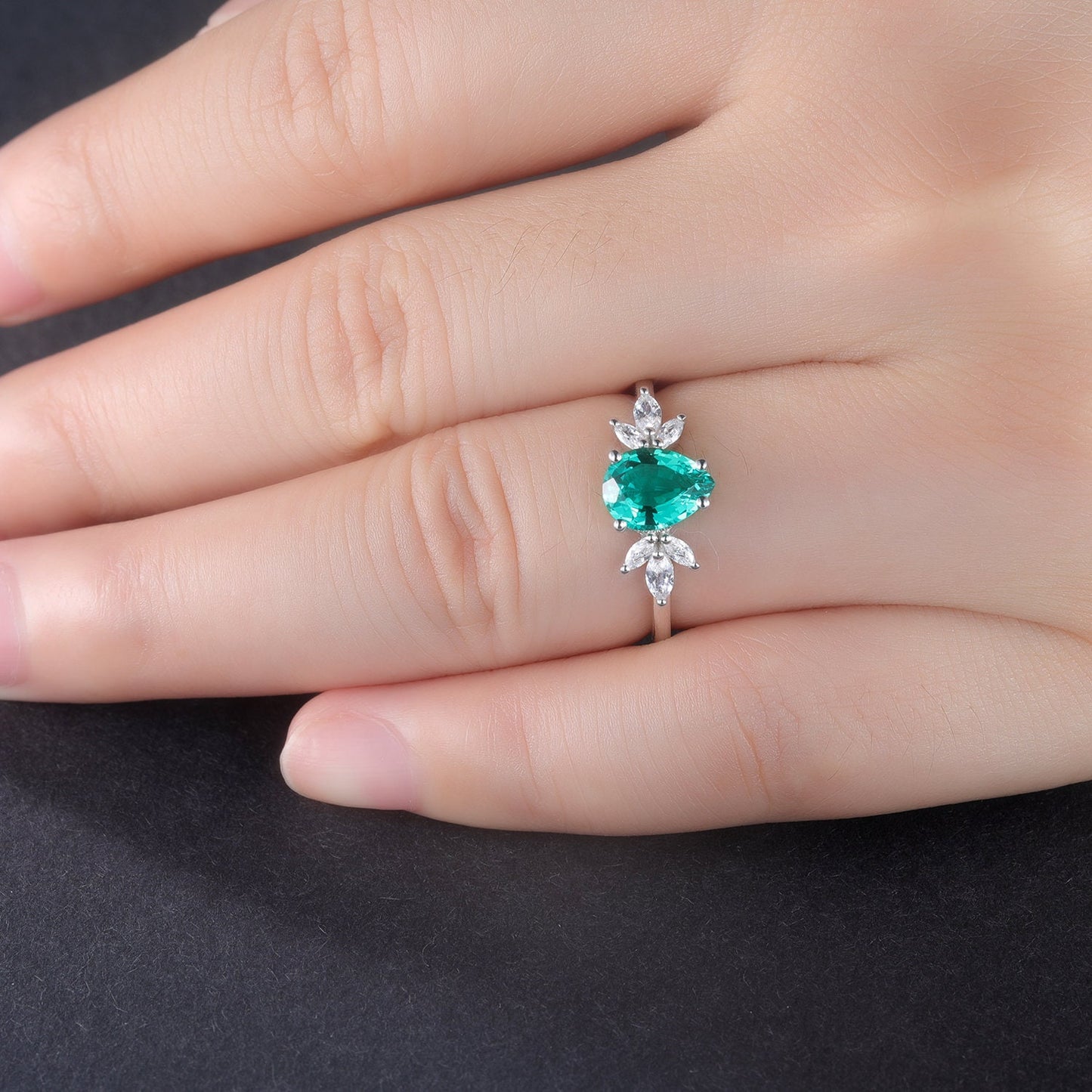 White gold emerald engagement ring women art deco ring moissanite wedding band vintage bridal jewelry May birthstone anniversary gift