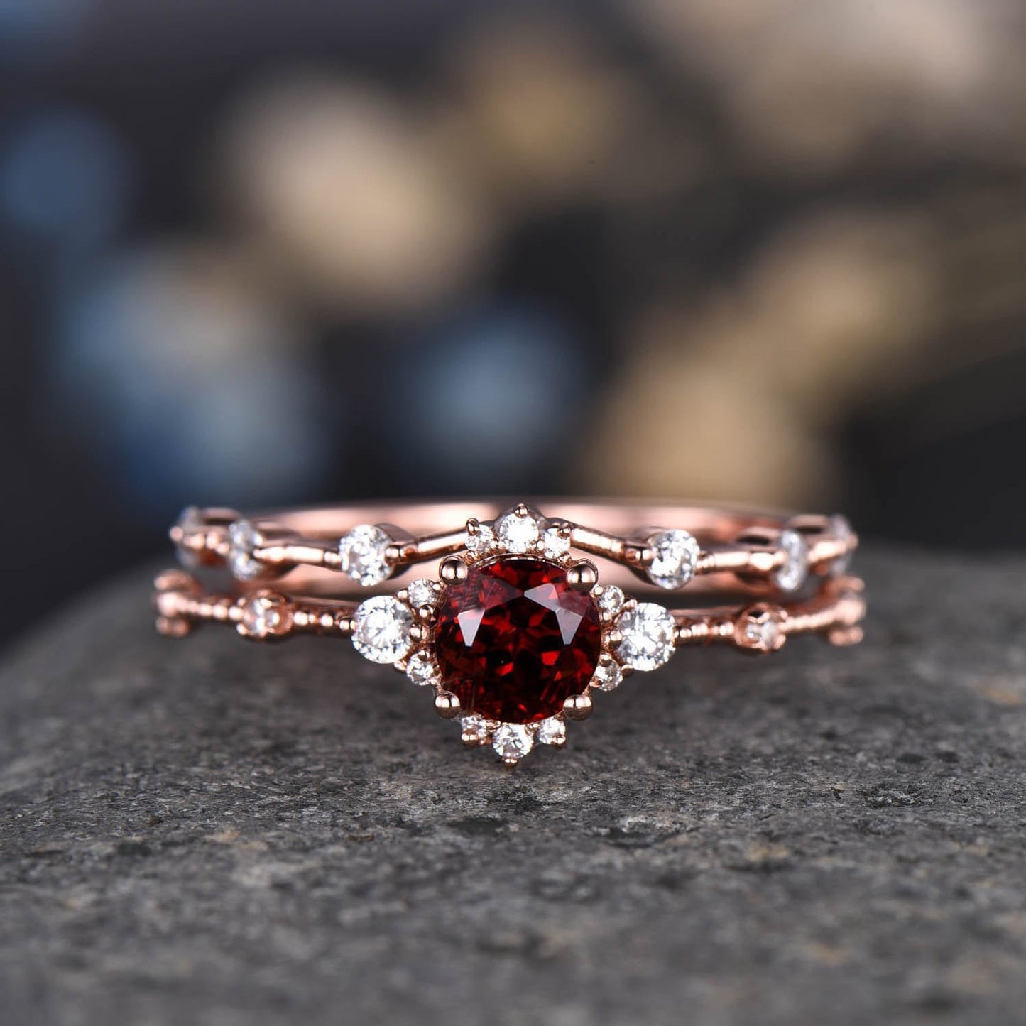 Vintage Aquamarine Engagement Ring Set Aquamarine Ring 14K Rose Gold Diamond Moissanite Wedding Band Anniversary Gift Promise Bridal Ring