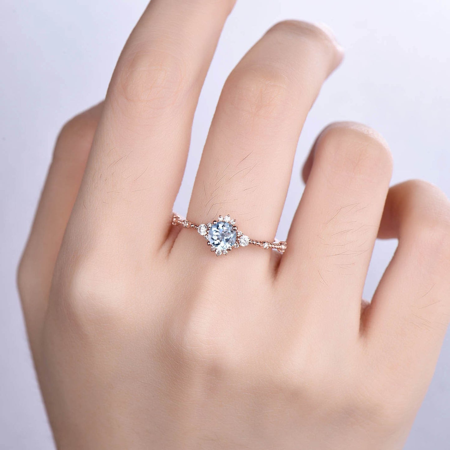 Vintage Aquamarine Engagement Ring Set Aquamarine Ring 14K Rose Gold Diamond Moissanite Wedding Band Anniversary Gift Promise Bridal Ring