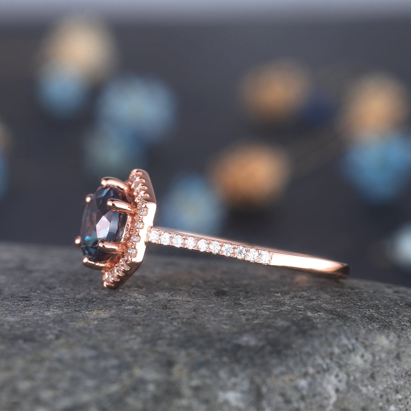 Unique alexandrite engagement ring alexandrite wedding ring 14k rose gold diamond eternity band women promise bridal anniversary gift