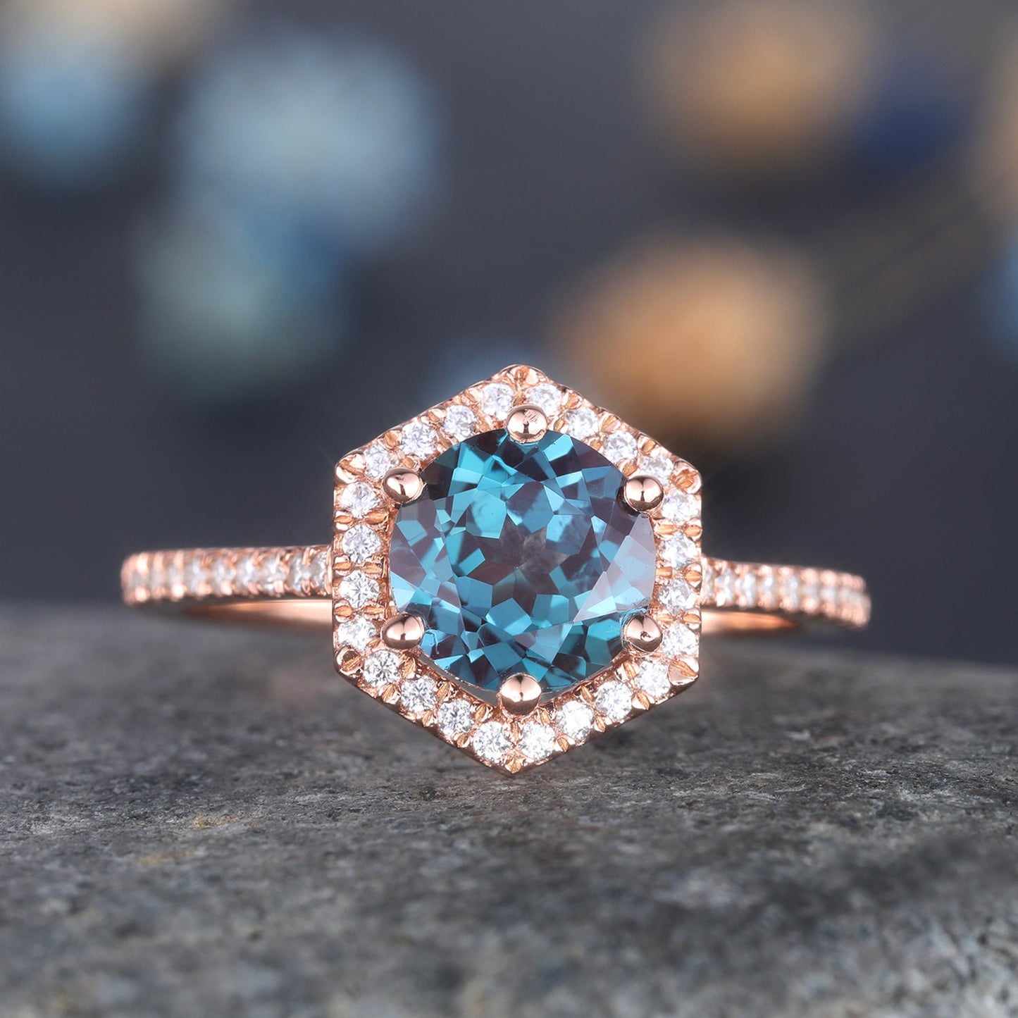 Unique alexandrite engagement ring alexandrite wedding ring 14k rose gold diamond eternity band women promise bridal anniversary gift