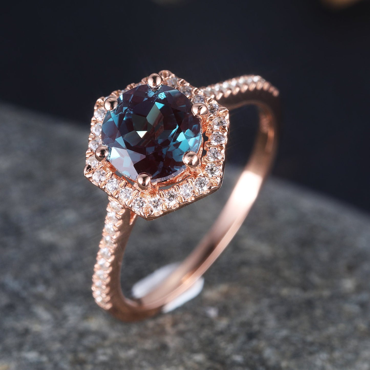 Unique alexandrite engagement ring alexandrite wedding ring 14k rose gold diamond eternity band women promise bridal anniversary gift