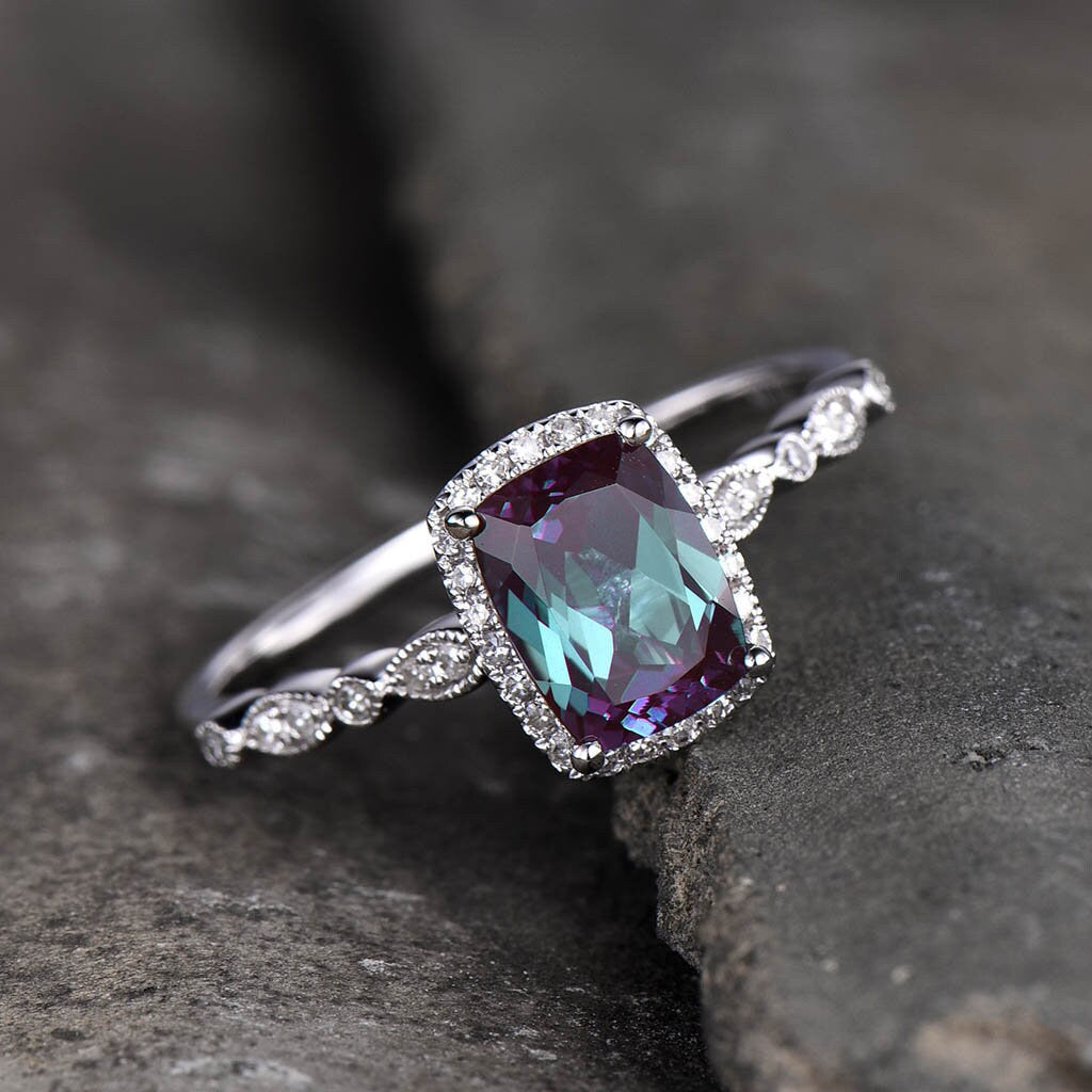 Alexandrite Ring, June Birthstone Ring, 925 Sterling Silver Ring, Cushion Alexandrite Engagement Ring, Art Deco Wedding Ring, Promise Ring