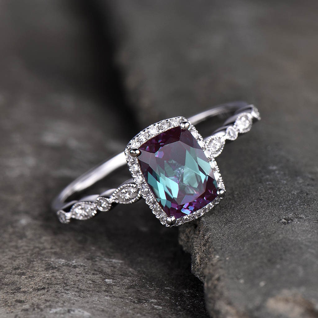 Alexandrite Ring, June Birthstone Ring, 925 Sterling Silver Ring, Cushion Alexandrite Engagement Ring, Art Deco Wedding Ring, Promise Ring