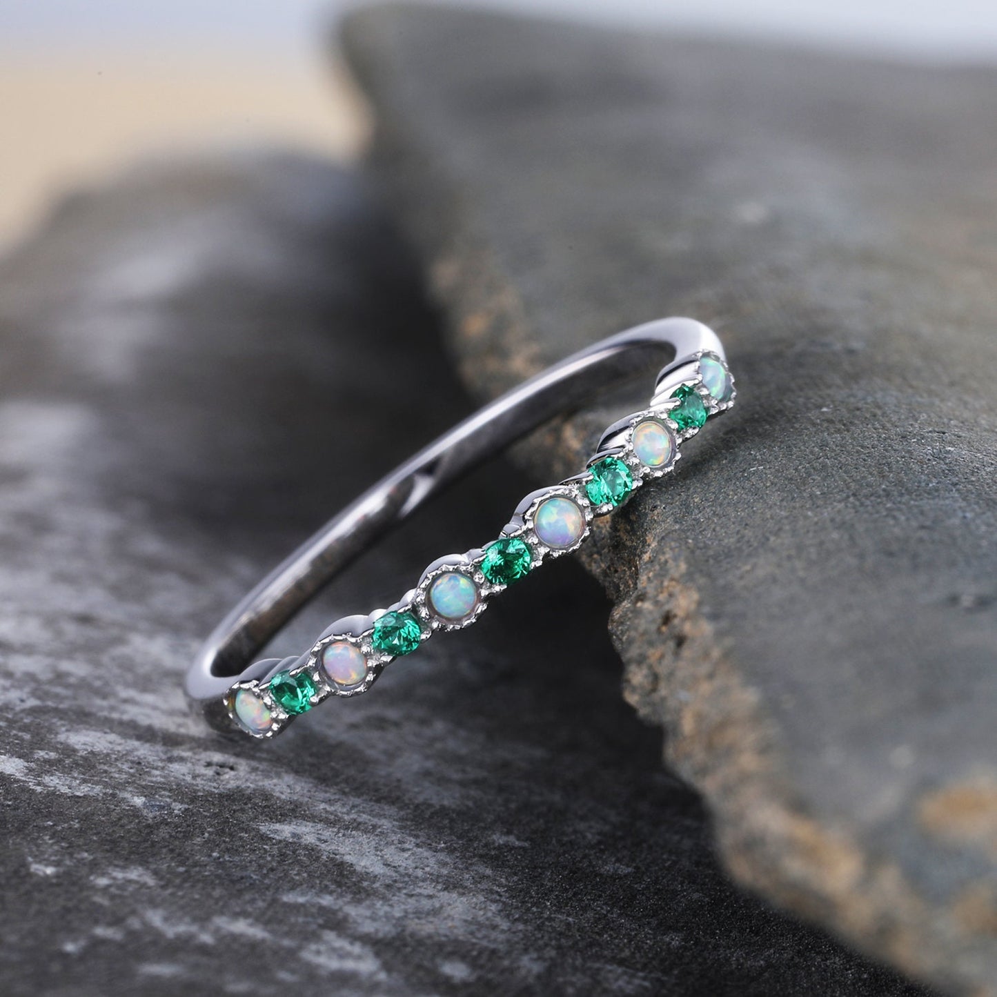 Opal Emerald Wedding Ring Opal Wedding Band Rose Gold Ring Dainty Stacking Ring Art deco Gemstone Band Anniversary Gift for Women