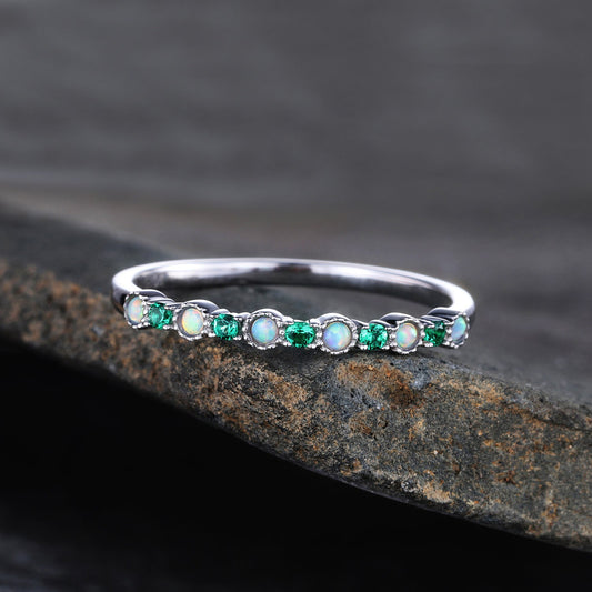Emerald Opal Wedding Band Sterling Silver Emerald Wedding Ring Opal Band Art Deco Stacking Matching Band Anniversary Ring Gift for her