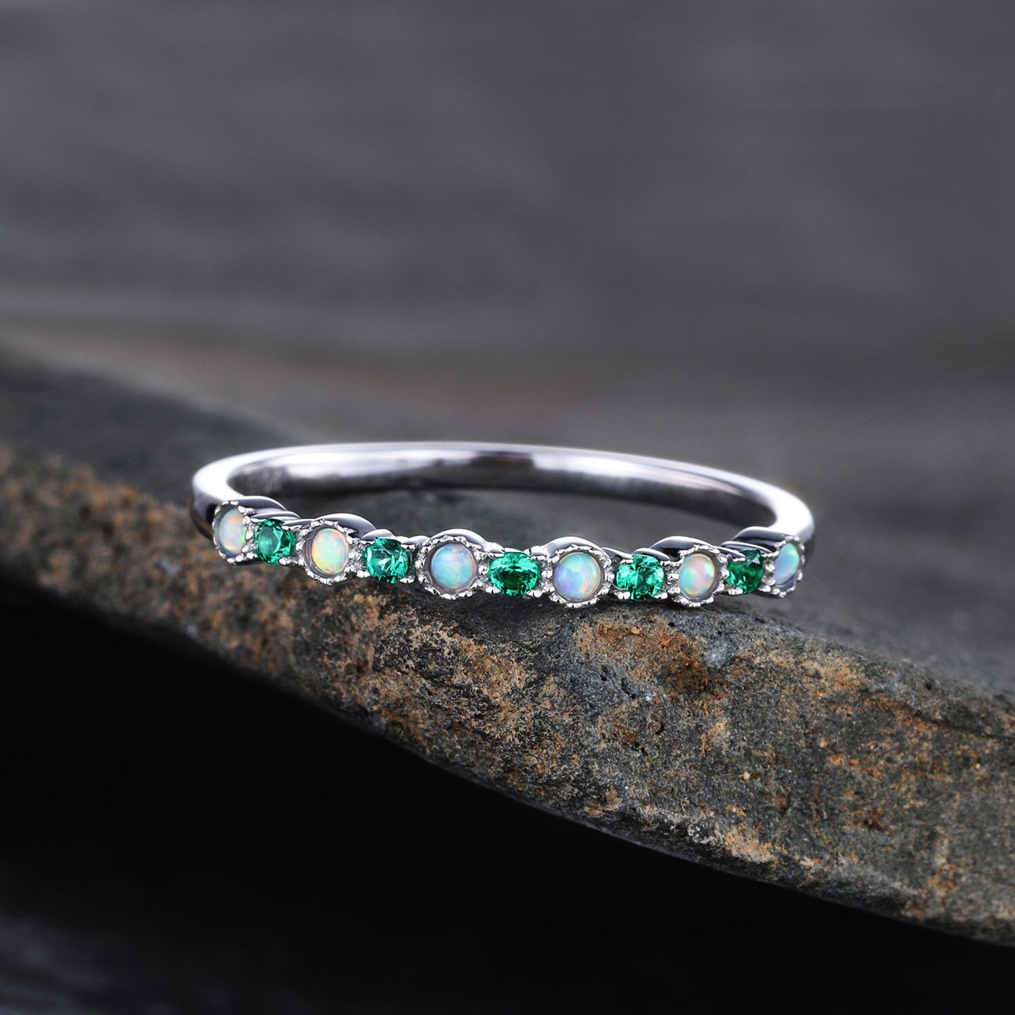 Emerald Opal Wedding Band Sterling Silver Emerald Wedding Ring Opal Band Art Deco Stacking Matching Band Anniversary Ring Gift for her