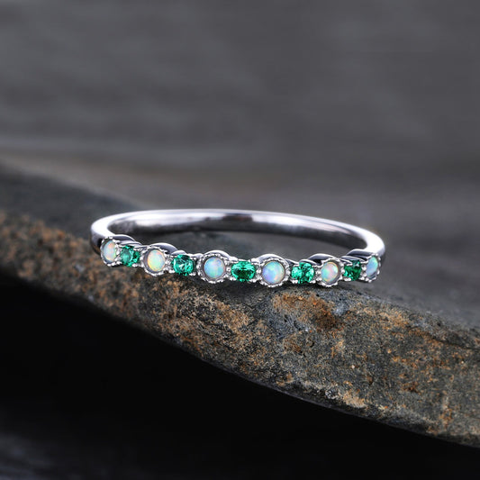Emerald Opal Wedding Band Sterling Silver Emerald Wedding Ring Opal Band Art Deco Stacking Matching Band Anniversary Ring Gift for her