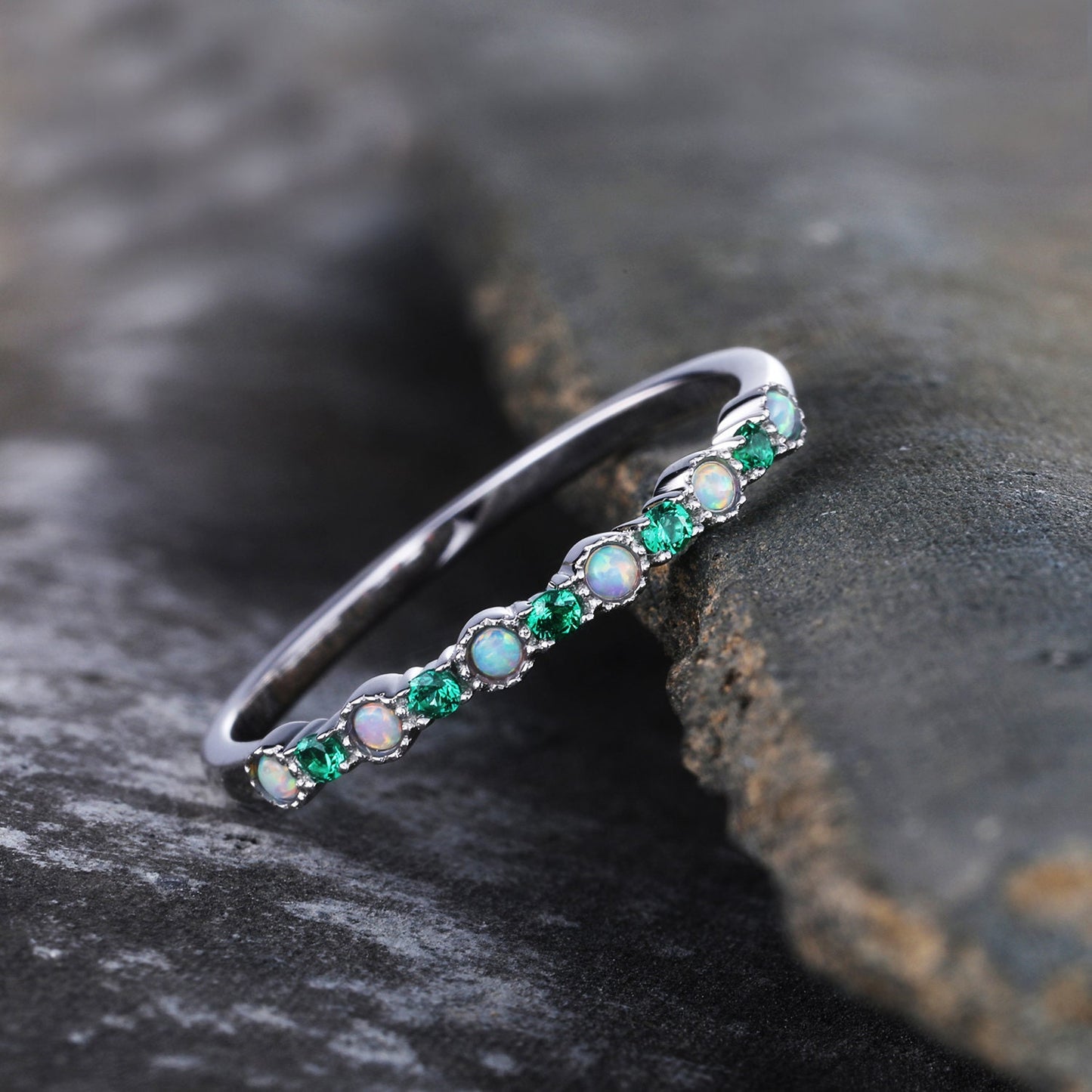 Emerald Opal Wedding Band Sterling Silver Emerald Wedding Ring Opal Band Art Deco Stacking Matching Band Anniversary Ring Gift for her